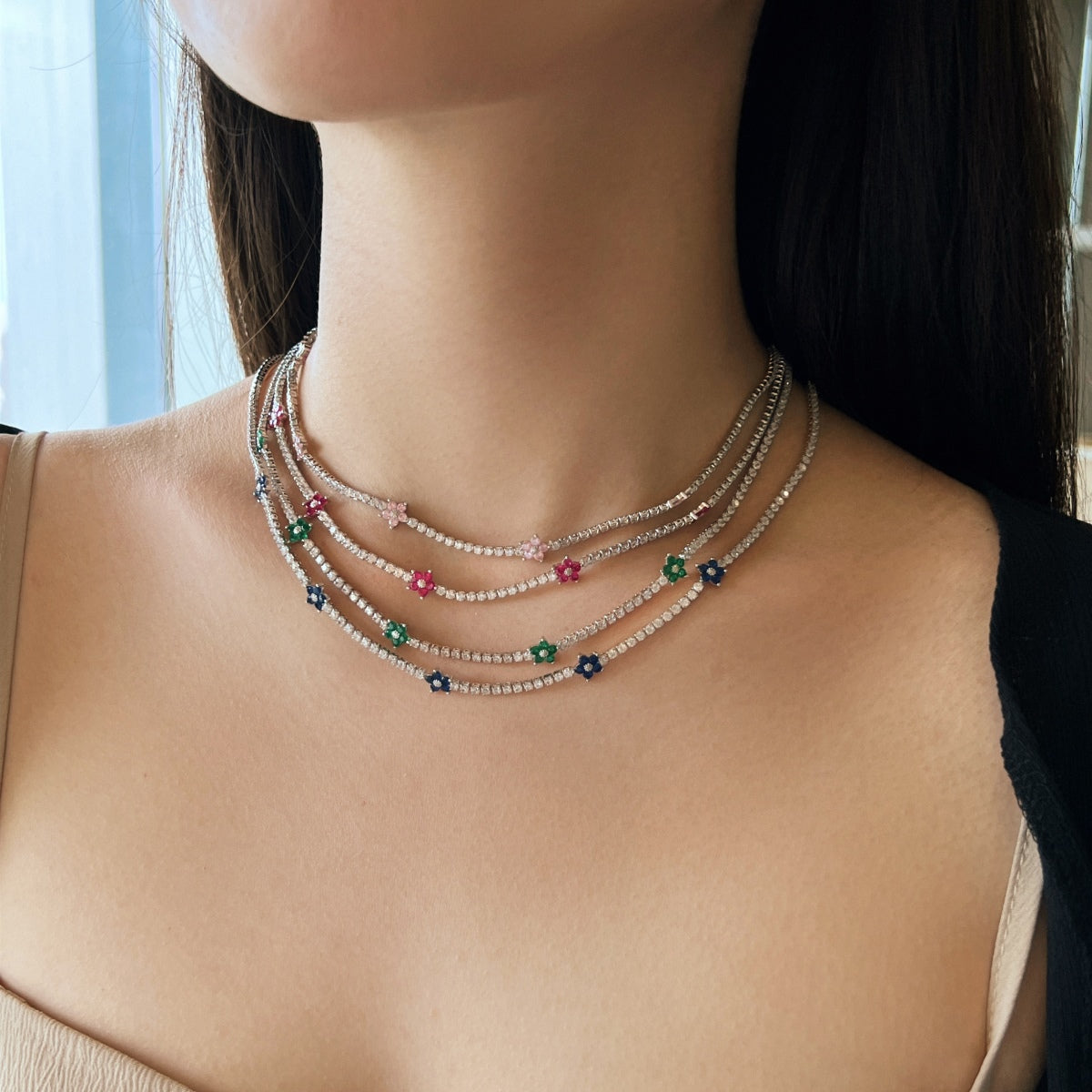 [Polaidi Jewelry]Luxurious Colorful Flower Tennis Necklace