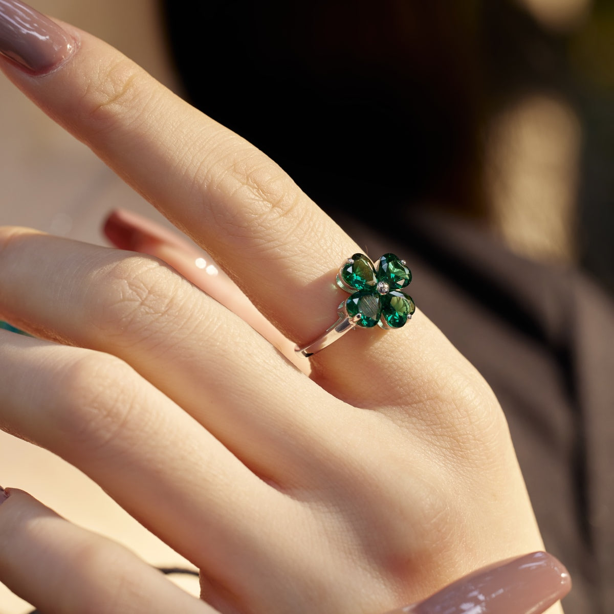 [Polaidi Jewelry]Heart-shaped Four-Leaf Clover Ball Ring