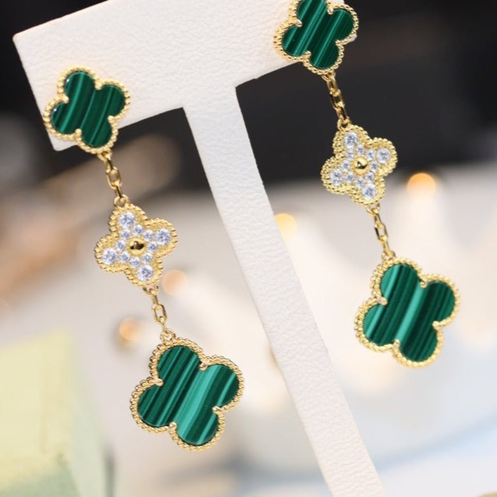 [：Polaidi Jewelry]CLOVER EARRINGS GOLD MALACHITE DIAMOND 3 MOTIF