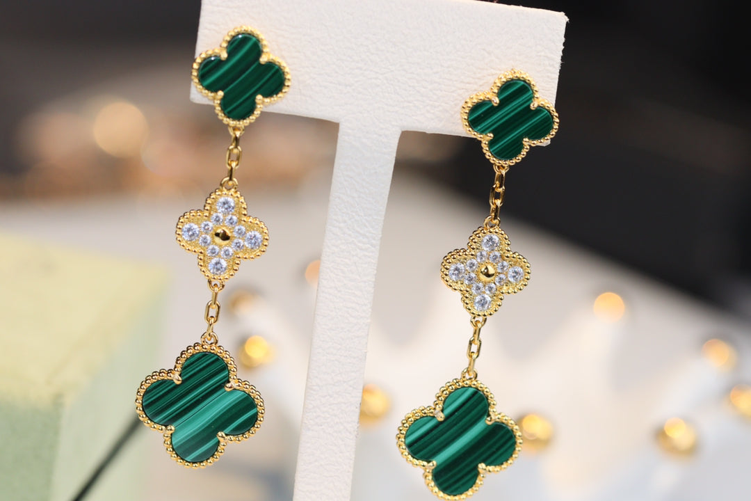 [：Polaidi Jewelry]CLOVER EARRINGS GOLD MALACHITE DIAMOND 3 MOTIF