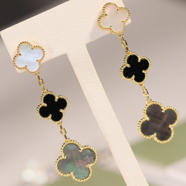 [：Polaidi Jewelry]CLOVER EARRINGS GOLD ONYX MOP 3 MOTIF