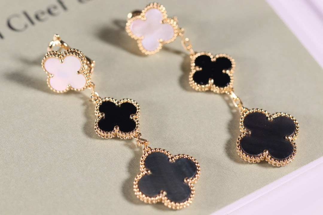 [：Polaidi Jewelry]CLOVER EARRINGS GOLD ONYX MOP 3 MOTIF