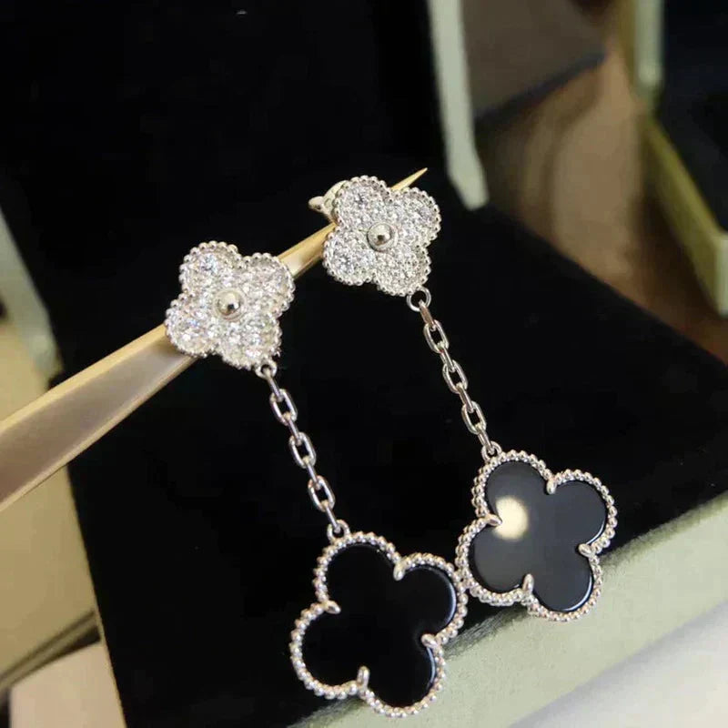 [：Polaidi Jewelry]CLOVER 2 MOTIFS  DIAMOND ONYX EARRINGS SILVER