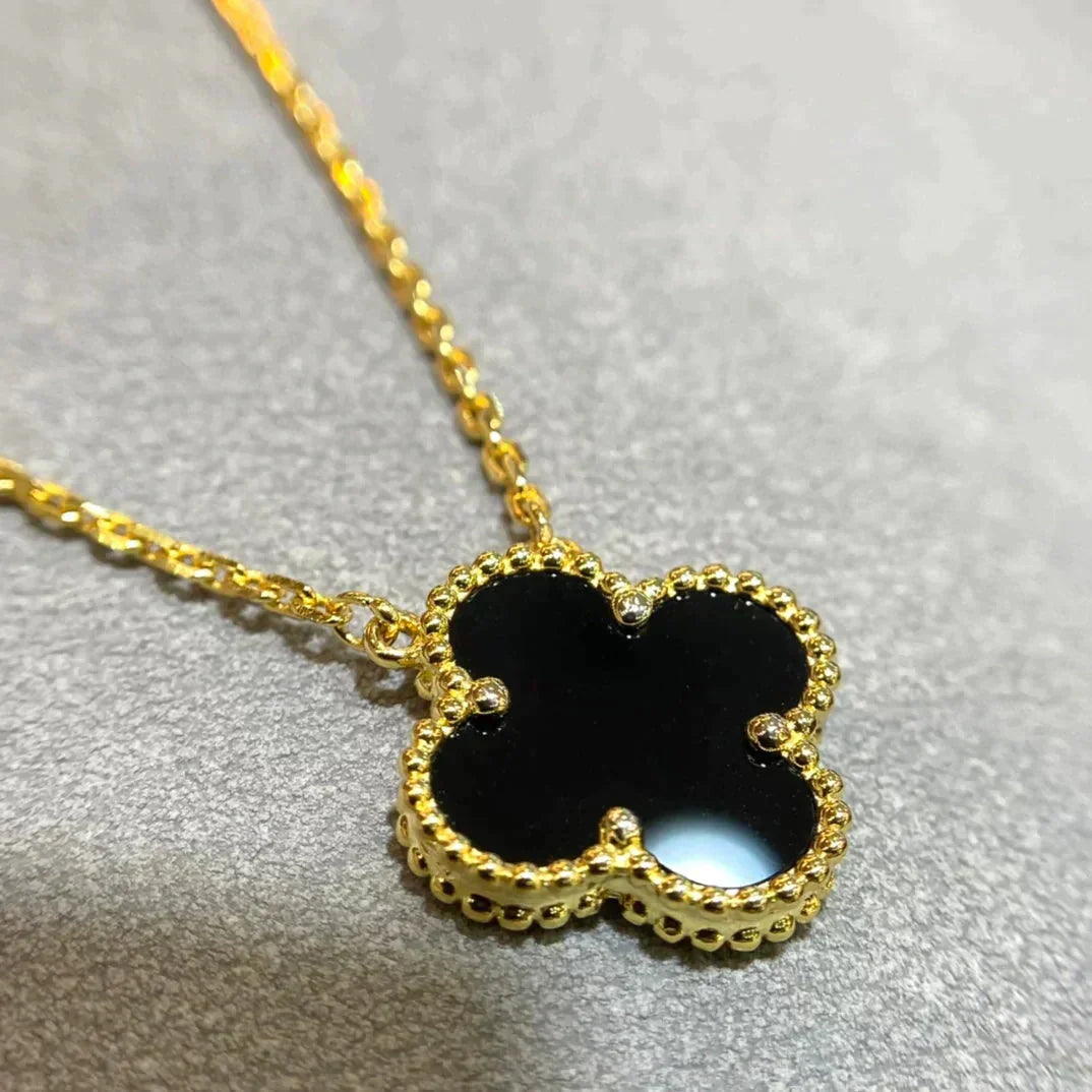 [Polaidi Jewelry]CLOVER 15MM BLACK ONYX SINGLE FLOWER NECKLACE