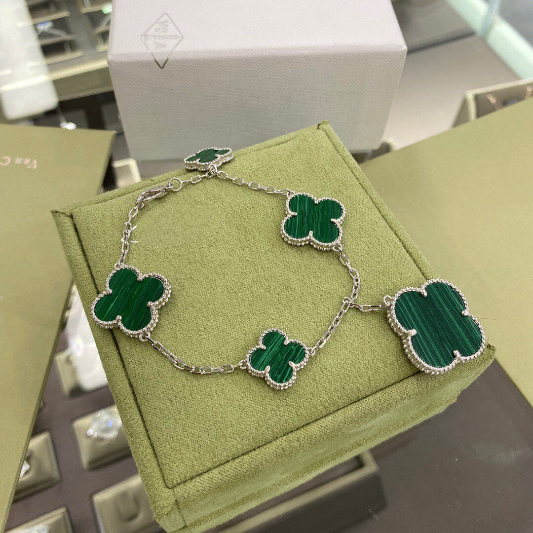 [：Polaidi Jewelry]CLOVER 5 MOTIFS SIVLER MALACHITE BRACELET