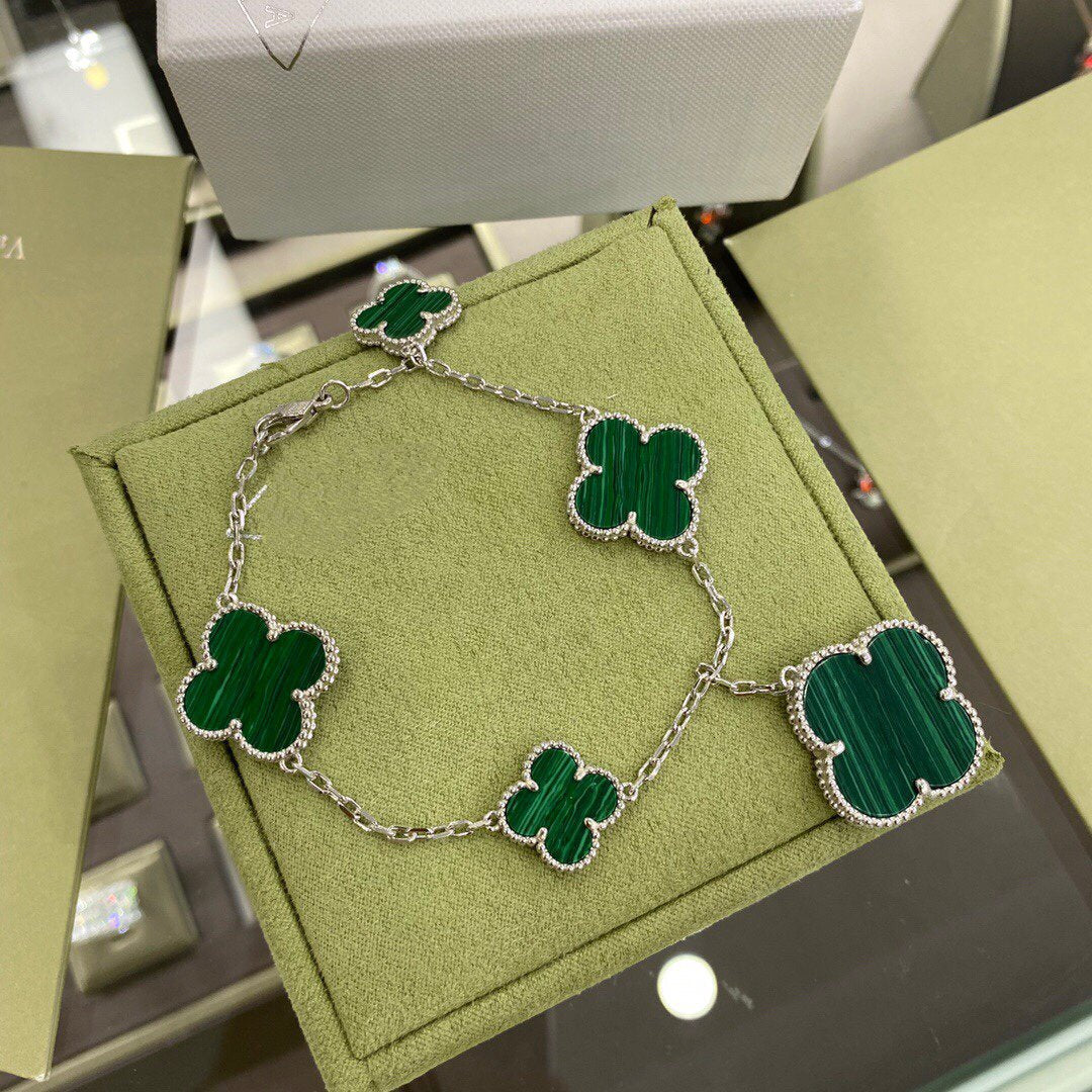 [：Polaidi Jewelry]CLOVER 5 MOTIFS SIVLER MALACHITE BRACELET
