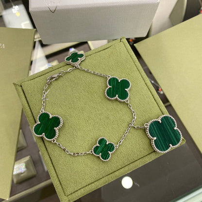[：Polaidi Jewelry]CLOVER 5 MOTIFS SIVLER MALACHITE BRACELET