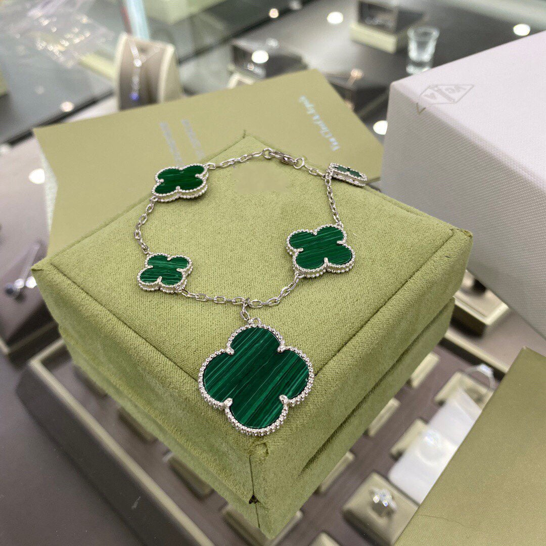 [：Polaidi Jewelry]CLOVER 5 MOTIFS SIVLER MALACHITE BRACELET