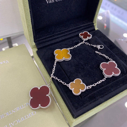 [：Polaidi Jewelry]CLOVER 5 MOTIFS SIVLER CARNELIAN TIGER EYE BRACELET