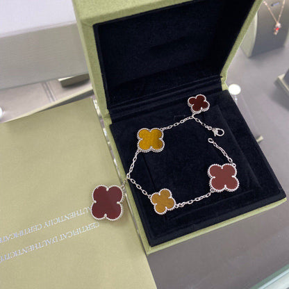 [：Polaidi Jewelry]CLOVER 5 MOTIFS SIVLER CARNELIAN TIGER EYE BRACELET