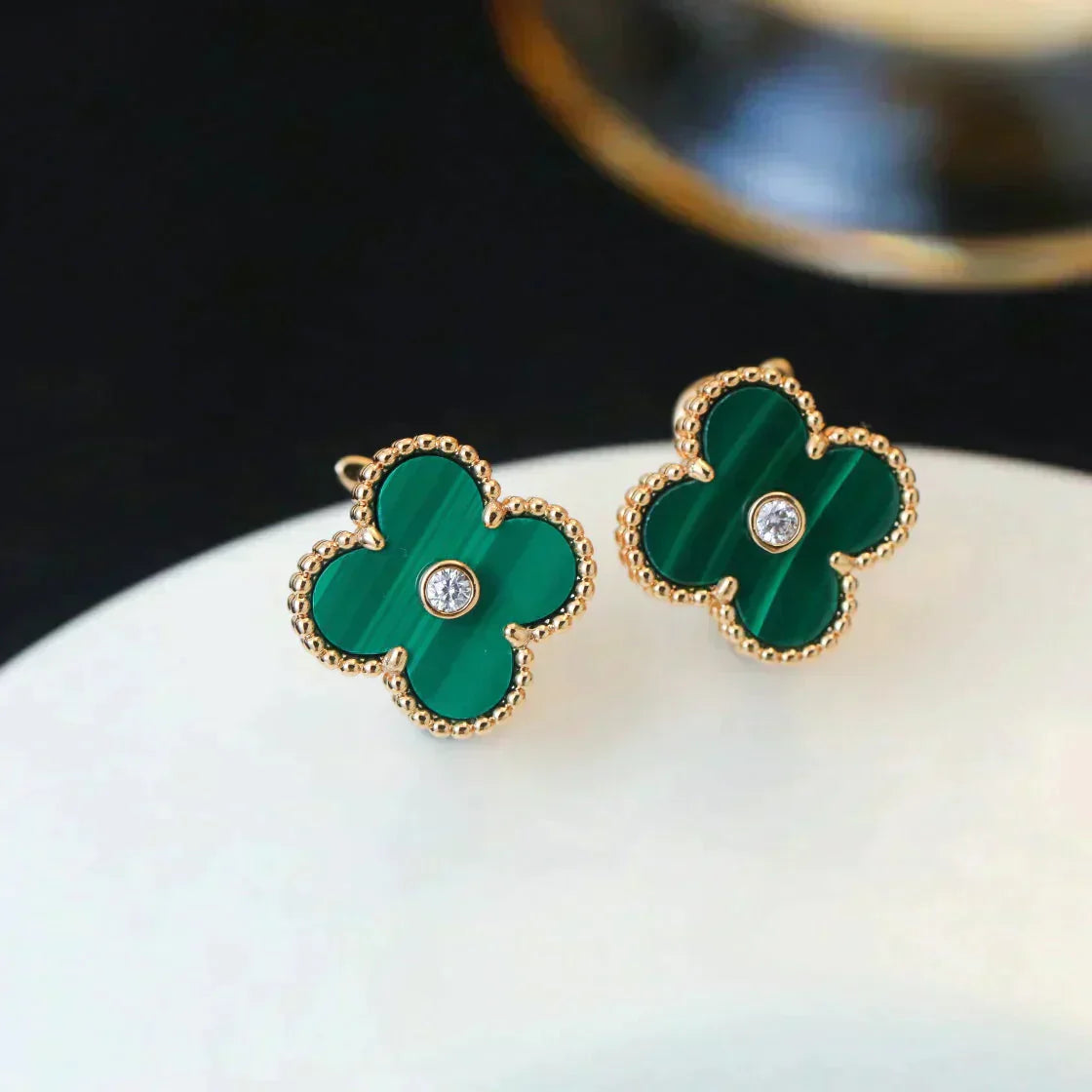 [Polaidi Jewelry]CLOVER MEDIUM 1 MOTIFS MALACHITE DIAMOND EARRINGS