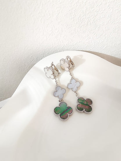 [：Polaidi Jewelry]CLOVER 3 MOTIFS CHALCEDONY DARK MOP SILVER EARRINGS