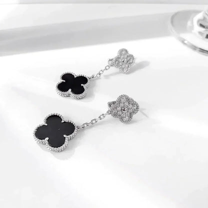[：Polaidi Jewelry]CLOVER 2 MOTIFS  DIAMOND ONYX EARRINGS SILVER