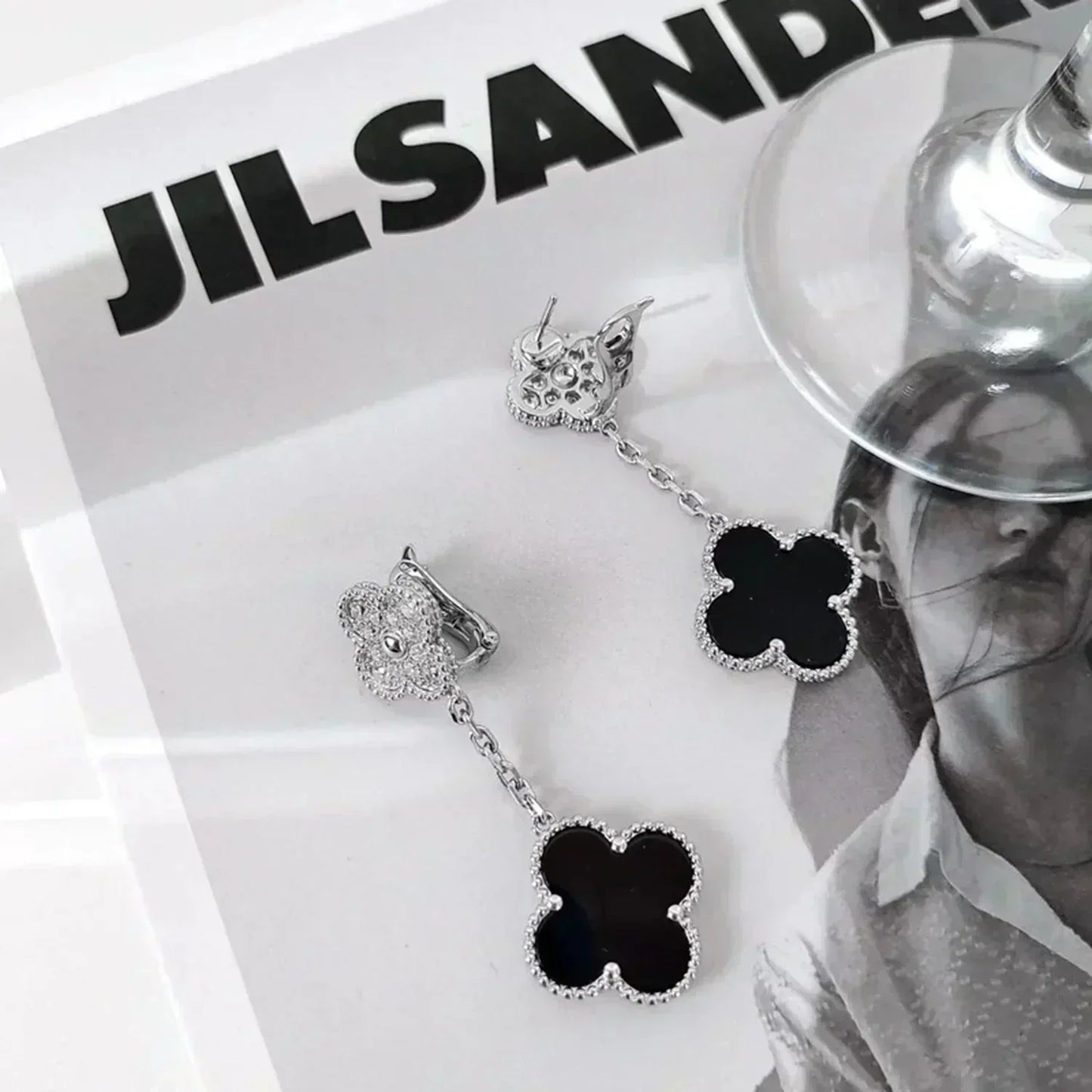 [：Polaidi Jewelry]CLOVER 2 MOTIFS  DIAMOND ONYX EARRINGS SILVER