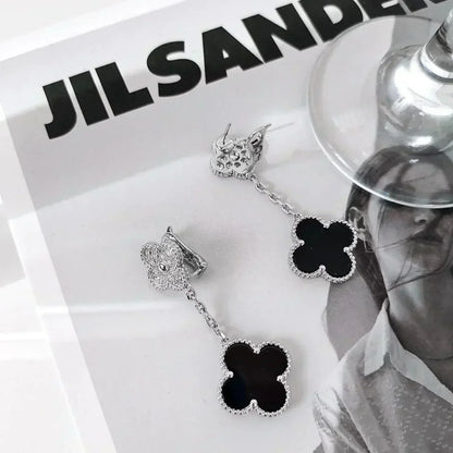 [：Polaidi Jewelry]CLOVER 2 MOTIFS  DIAMOND ONYX EARRINGS SILVER