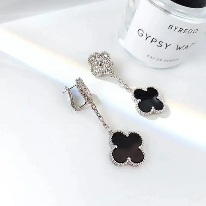 [：Polaidi Jewelry]CLOVER 2 MOTIFS  DIAMOND ONYX EARRINGS SILVER
