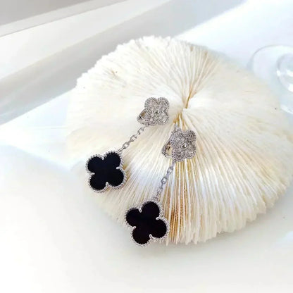 [：Polaidi Jewelry]CLOVER 2 MOTIFS  DIAMOND ONYX EARRINGS SILVER