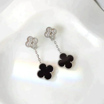 [：Polaidi Jewelry]CLOVER 2 MOTIFS  DIAMOND ONYX EARRINGS SILVER