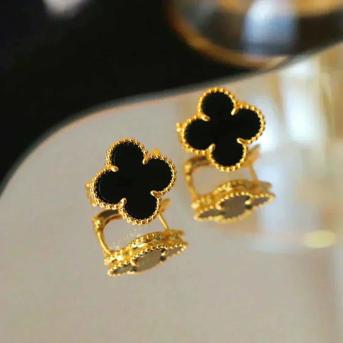 [Polaidi Jewelry]CLOVER MEDIUM 1 MOTIFS  ONYX STUD EARRINGS