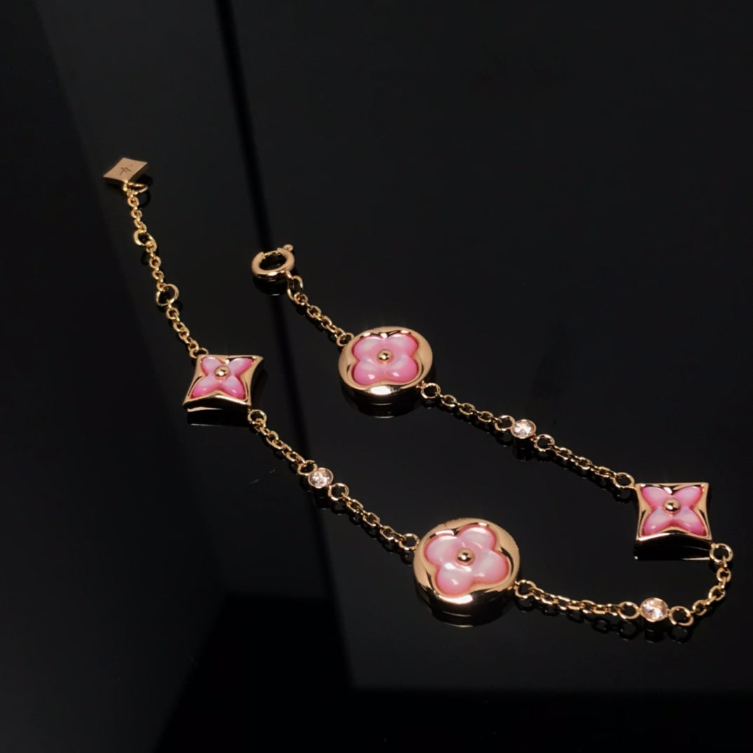 [：Polaidi Jewelry]STAR AND SUN 4 MOTIF PINK MOP PINK GOLD BRACELET