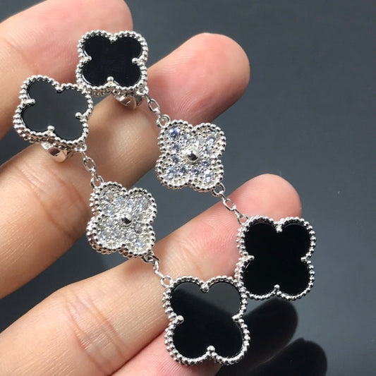 [：Polaidi Jewelry]CLOVER 3 MOTIF DIAMOND ONYX SILVER EARRINGS