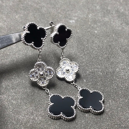 [：Polaidi Jewelry]クローバー 3モチーフ ダイヤモンド オニキス シルバーイヤリング