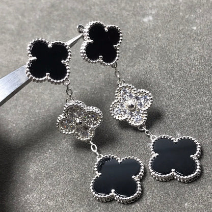 [Polaidi Jewelry]CLOVER 3 MOTIF DIAMOND ONYX SILVER EARRINGS