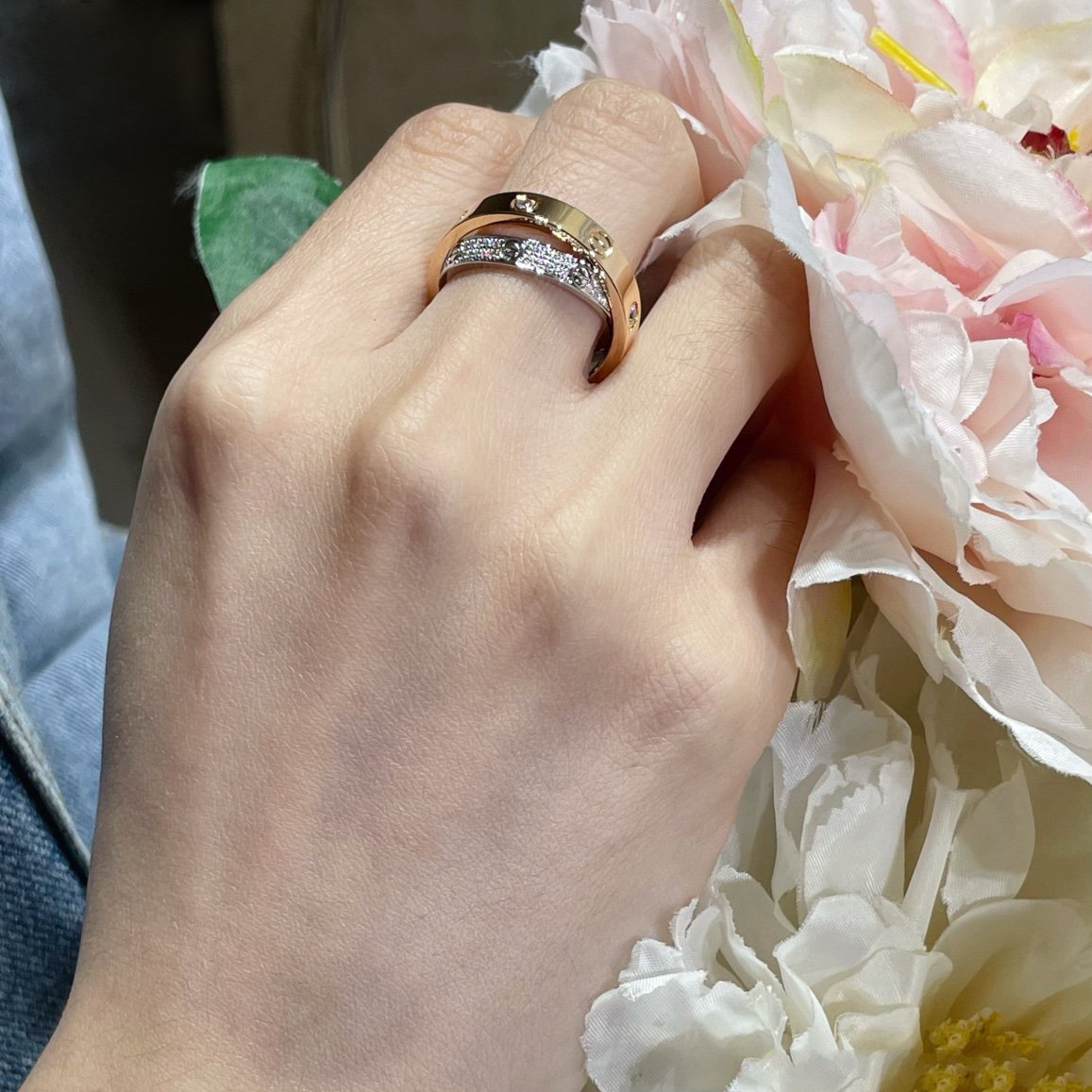 [Polaidi Jewelry]LOVE PINK GOLD SILVER DIAMOND DOUBLE RING