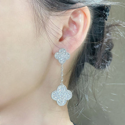 [：Polaidi Jewelry]CLOVER 2 MOTIFS DIAMOND PAVED SILVER EARRINGS