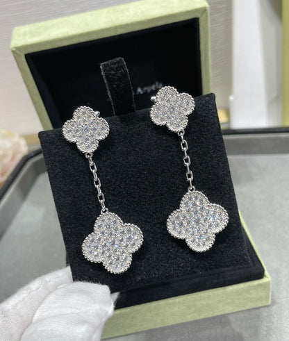 [：Polaidi Jewelry]CLOVER 2 MOTIFS DIAMOND PAVED SILVER EARRINGS
