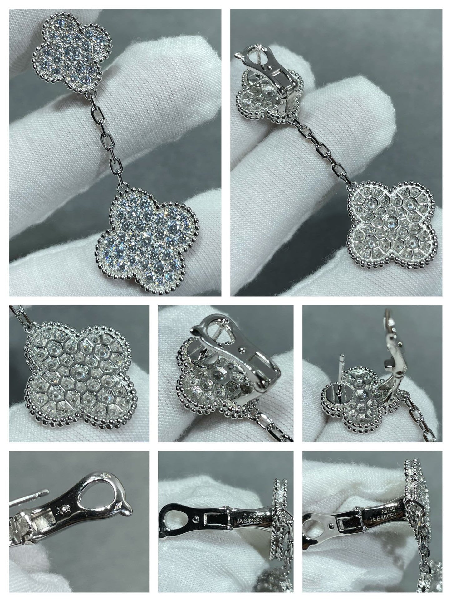 [：Polaidi Jewelry]CLOVER 2 MOTIFS DIAMOND PAVED SILVER EARRINGS