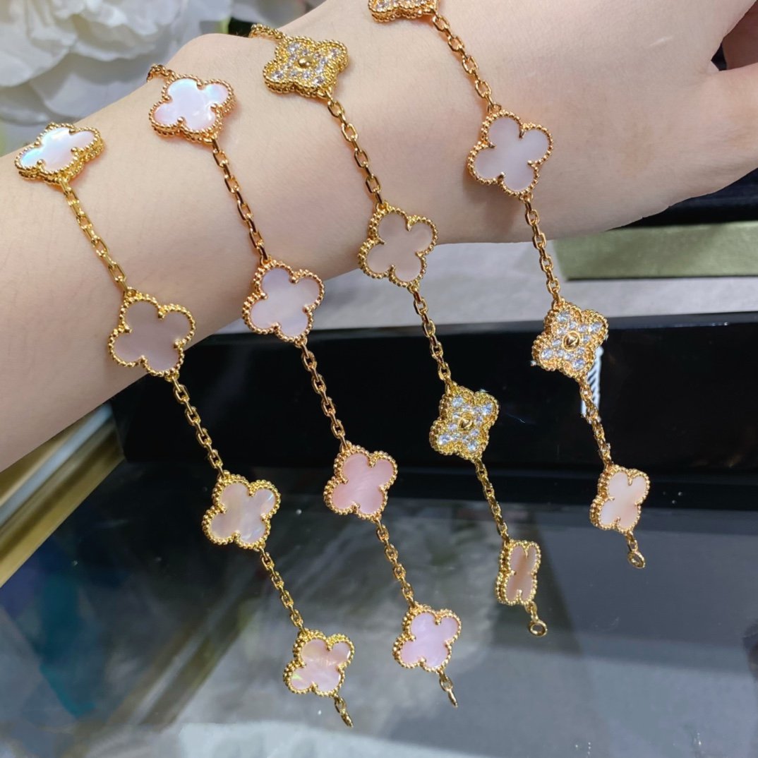 [：Polaidi Jewelry]CLOVER 5 MOTIF DIAMOND PINK MOP PINK GOLD BRACELET