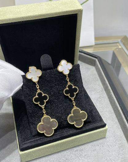 [：Polaidi Jewelry]CLOVER 3 MOTIF MOP ONYX DARK MOP PINK GOLD EARRINGS