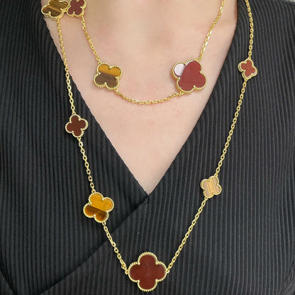 [：Polaidi Jewelry]CLOVER 16 MOTIF CARNELIAN TIGER EYE ROSE GOLD NECKLACE