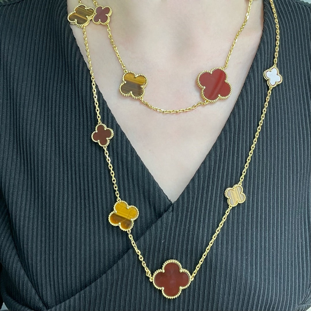 [Polaidi Jewelry]CLOVER 16 MOTIF CARNELIAN TIGER EYE ROSE GOLD NECKLACE