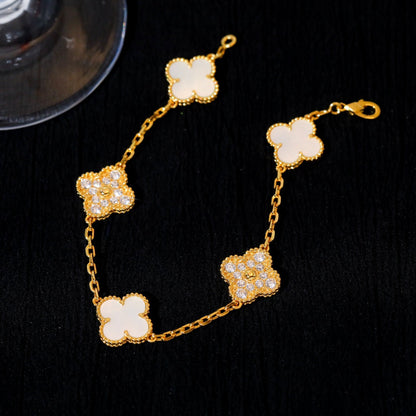 [：Polaidi Jewelry]クローバー ブレスレット 5モチーフ ホワイトマザーオブパール ダイヤモンド