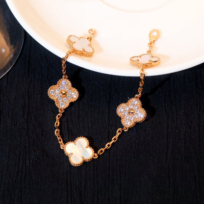 [：Polaidi Jewelry]クローバー ブレスレット 5モチーフ ホワイトマザーオブパール ダイヤモンド