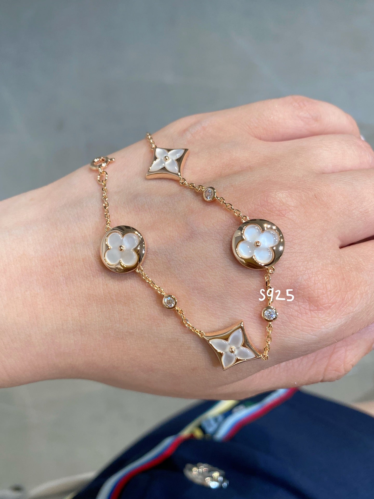 [：Polaidi Jewelry]STAR AND SUN 4 MOTIF WHITE MOP PINK GOLD BRACELET