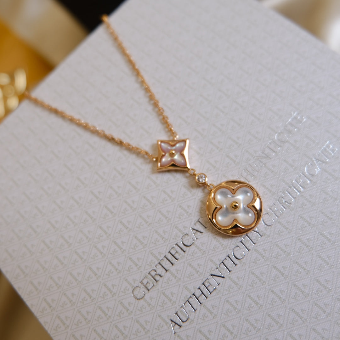 [Polaidi Jewelry]STAR AND SUN WHITE MOP 2 MOTIF PINK GOLD NECKLACE