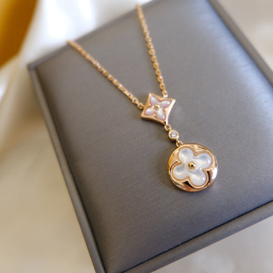 [Polaidi Jewelry]STAR AND SUN WHITE MOP 2 MOTIF PINK GOLD NECKLACE