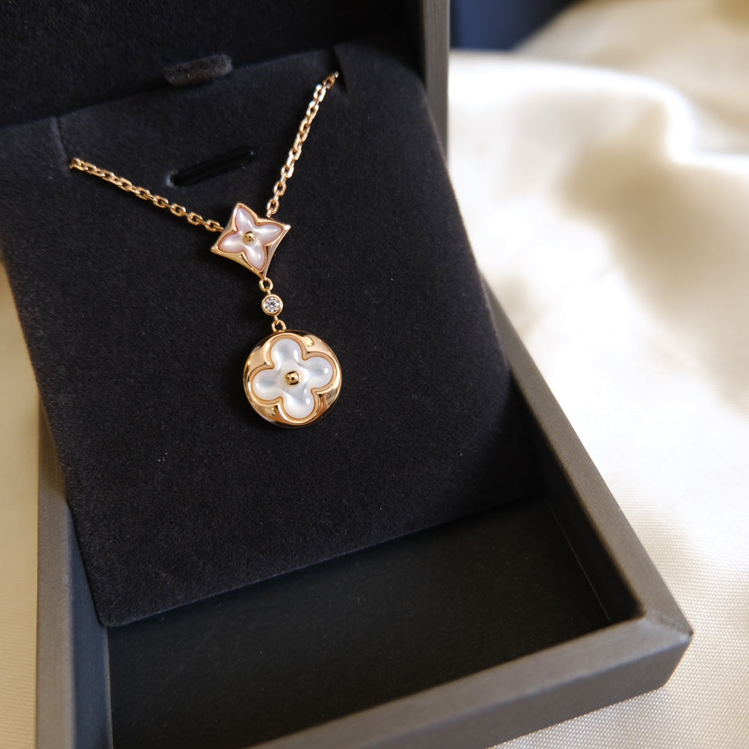[Polaidi Jewelry]STAR AND SUN WHITE MOP 2 MOTIF PINK GOLD NECKLACE