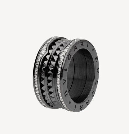 [：Polaidi]ZERO 1 ROCK FOUR-BAND BLACK CERAMIC WITH STUDDED SPIRAL AND PAVED DIAMONDS RING