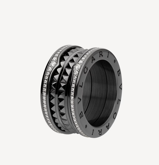[：Polaidi]ZERO 1 ROCK FOUR-BAND BLACK CERAMIC WITH STUDDED SPIRAL AND PAVED DIAMONDS RING