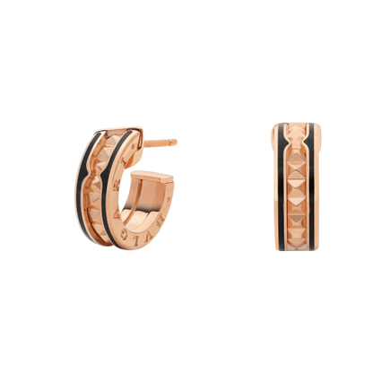[：Polaidi]ZERO 1 ROCK PINK GOLD EARRINGS WITH STUDDED SPIRAL AND BLACK CERAMIC