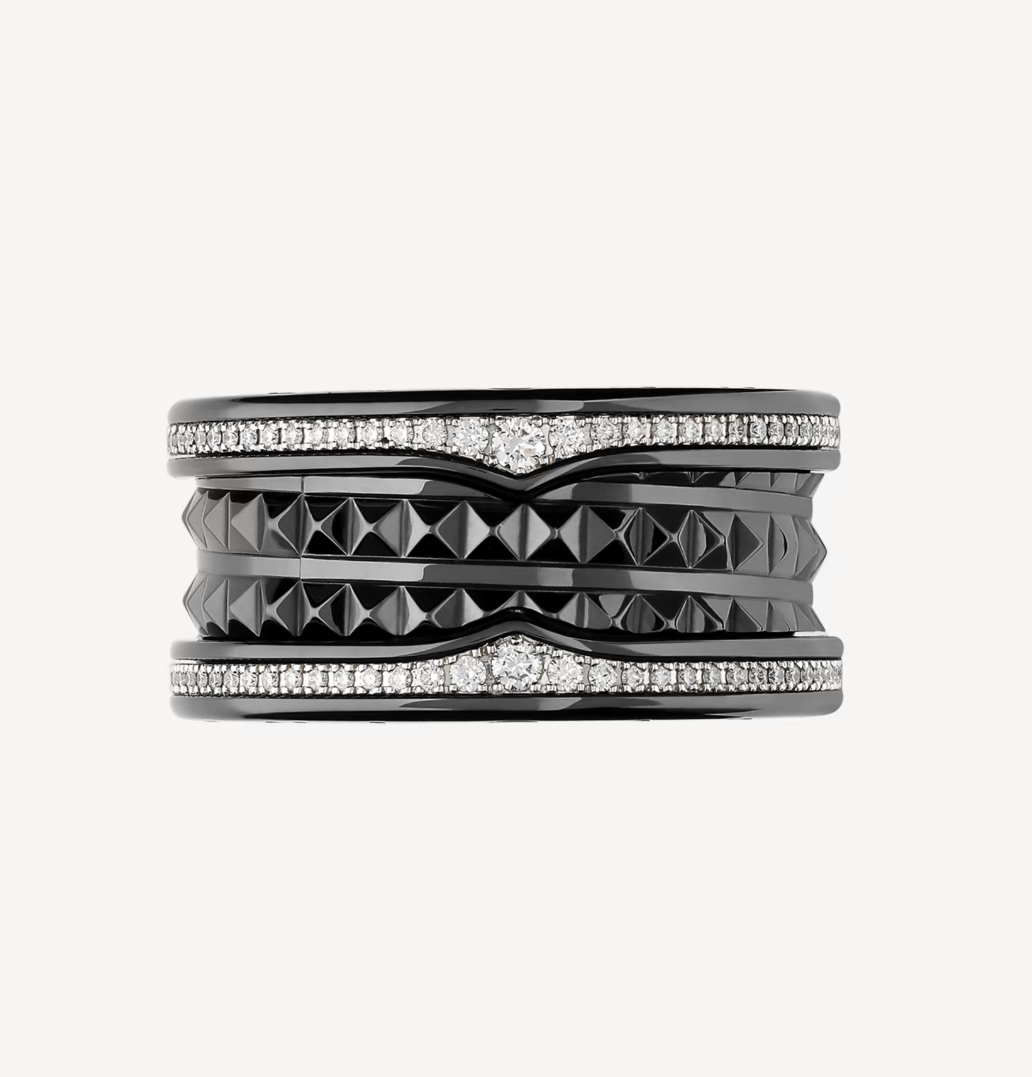 [：Polaidi]ZERO 1 ROCK FOUR-BAND BLACK CERAMIC WITH STUDDED SPIRAL AND PAVED DIAMONDS RING