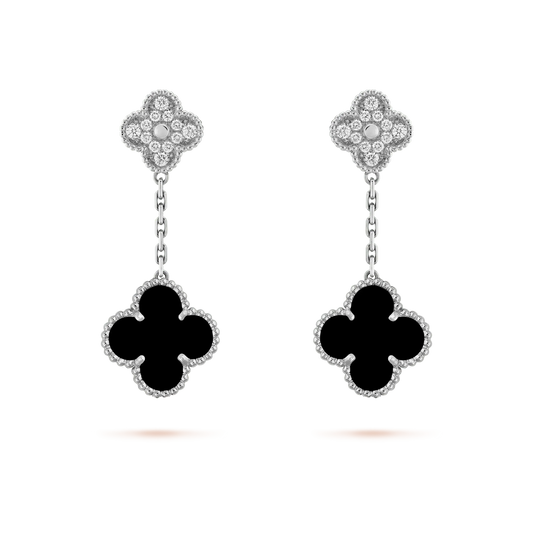 [Polaidi Jewelry]CLOVER 2 MOTIFS  DIAMOND ONYX EARRINGS SILVER