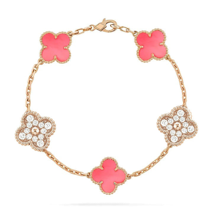 [：Polaidi Jewelry]CLOVER 5 MOTIF DIAMOND PINK MOP PINK GOLD BRACELET