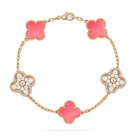 [：Polaidi Jewelry]CLOVER 5 MOTIF DIAMOND PINK MOP PINK GOLD BRACELET