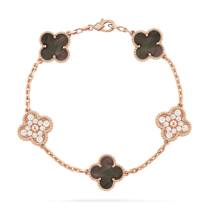 [：Polaidi Jewelry]CLOVER 5 MOTIFS DARK MOP AND DIAMONDS PINK GOLD BRACELET