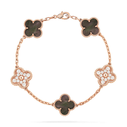 [：Polaidi Jewelry]CLOVER 5 MOTIFS DARK MOP AND DIAMONDS PINK GOLD BRACELET